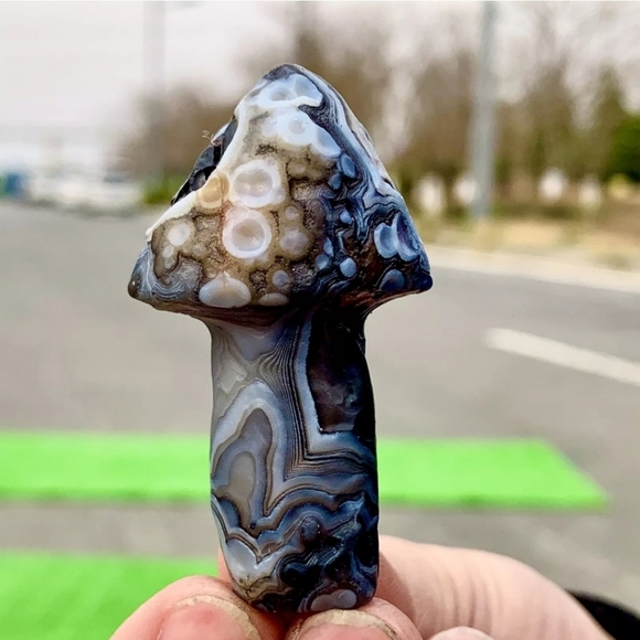 40G RARE Natural Blue Gobi Agate Eye Gemstone Hand Carved Mushroom Madagascar - Picture 8 of 13